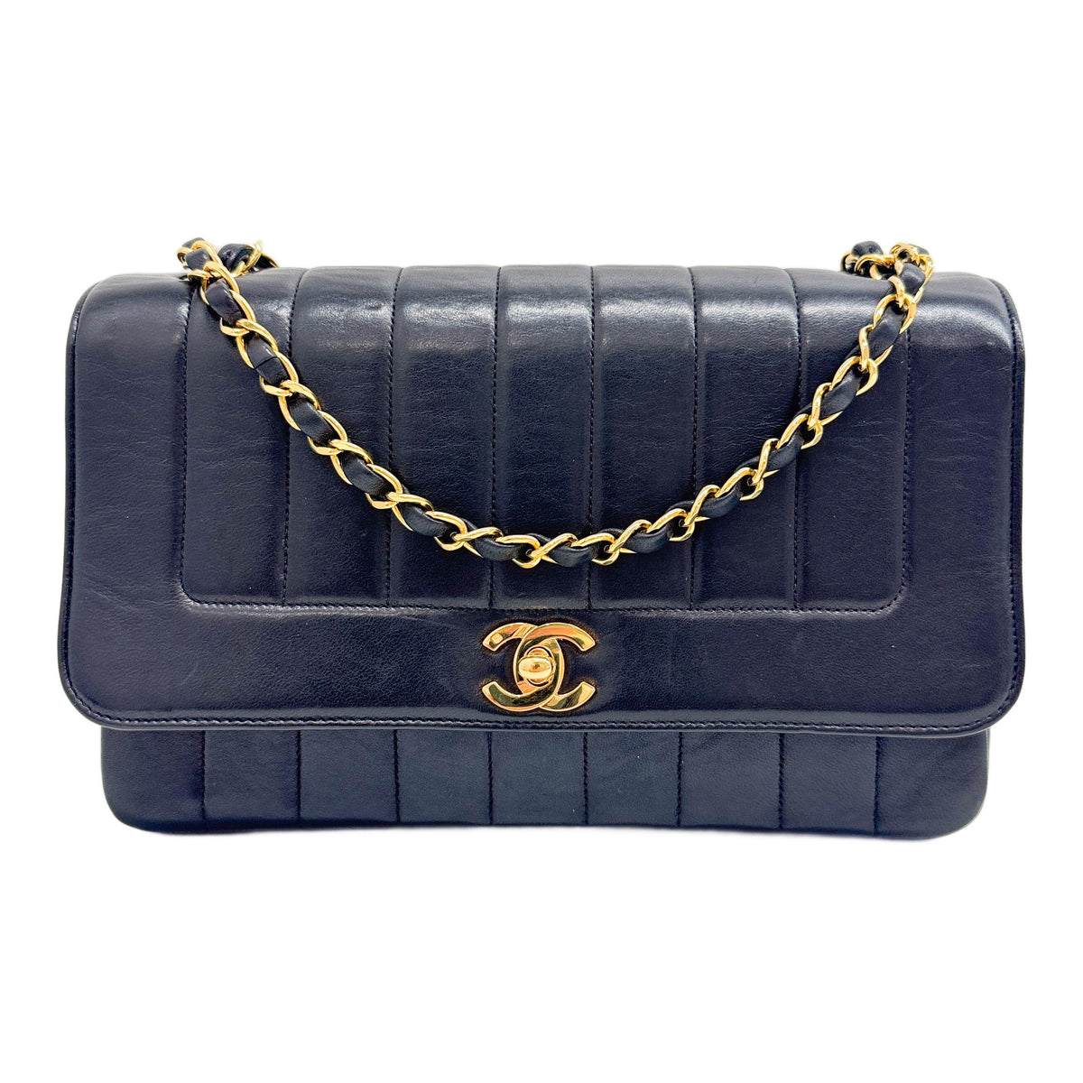 Mademoiselle Vertical Flap 1991-1994 Quilted Black Leather Shoulder Bag