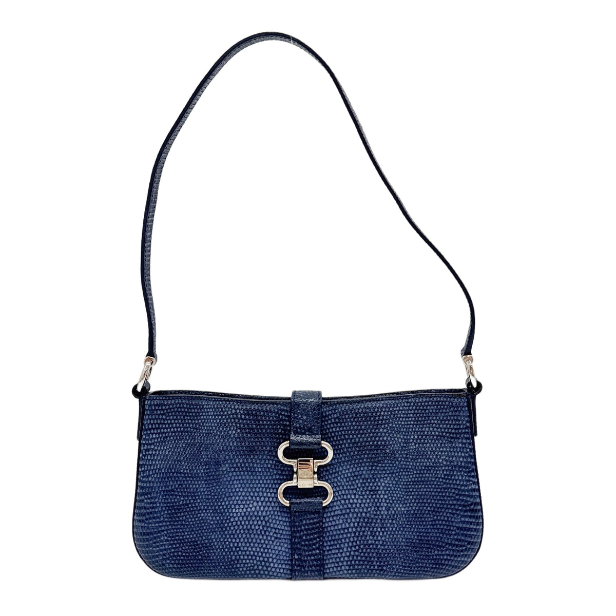 Pale Blue Lizard Embossed Leather and Silver Hardware Shoulder Bag