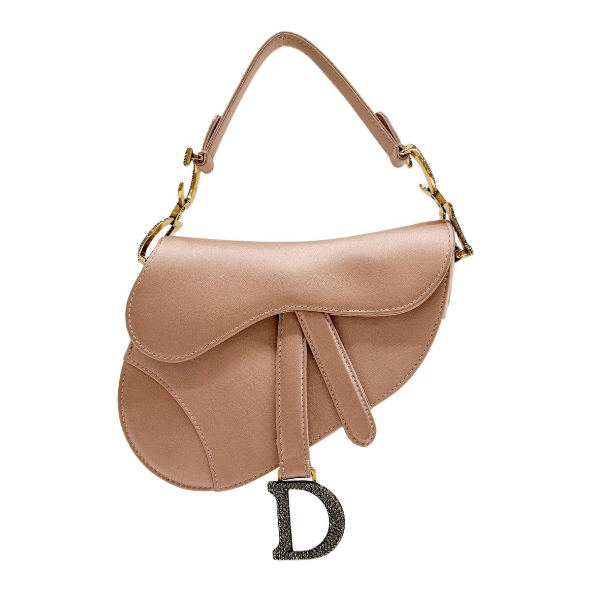 Mini Saddle Champagne Pink Satin with Crystal Embezzled Hardware Shoulder Bag