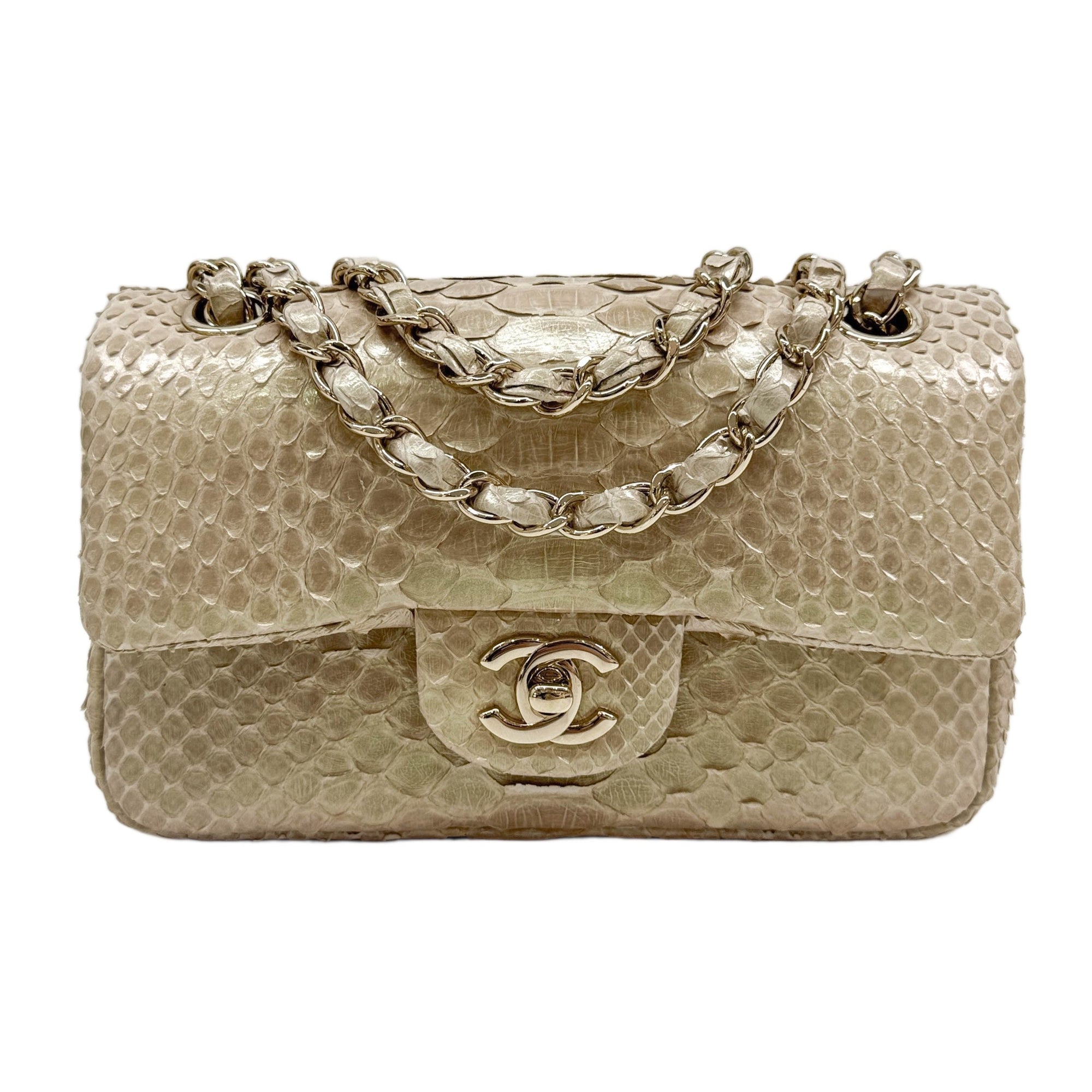 Rectangular Mini Classic Flap 2012 Iridescent Beige Python Embossed Leather Shoulder Bag