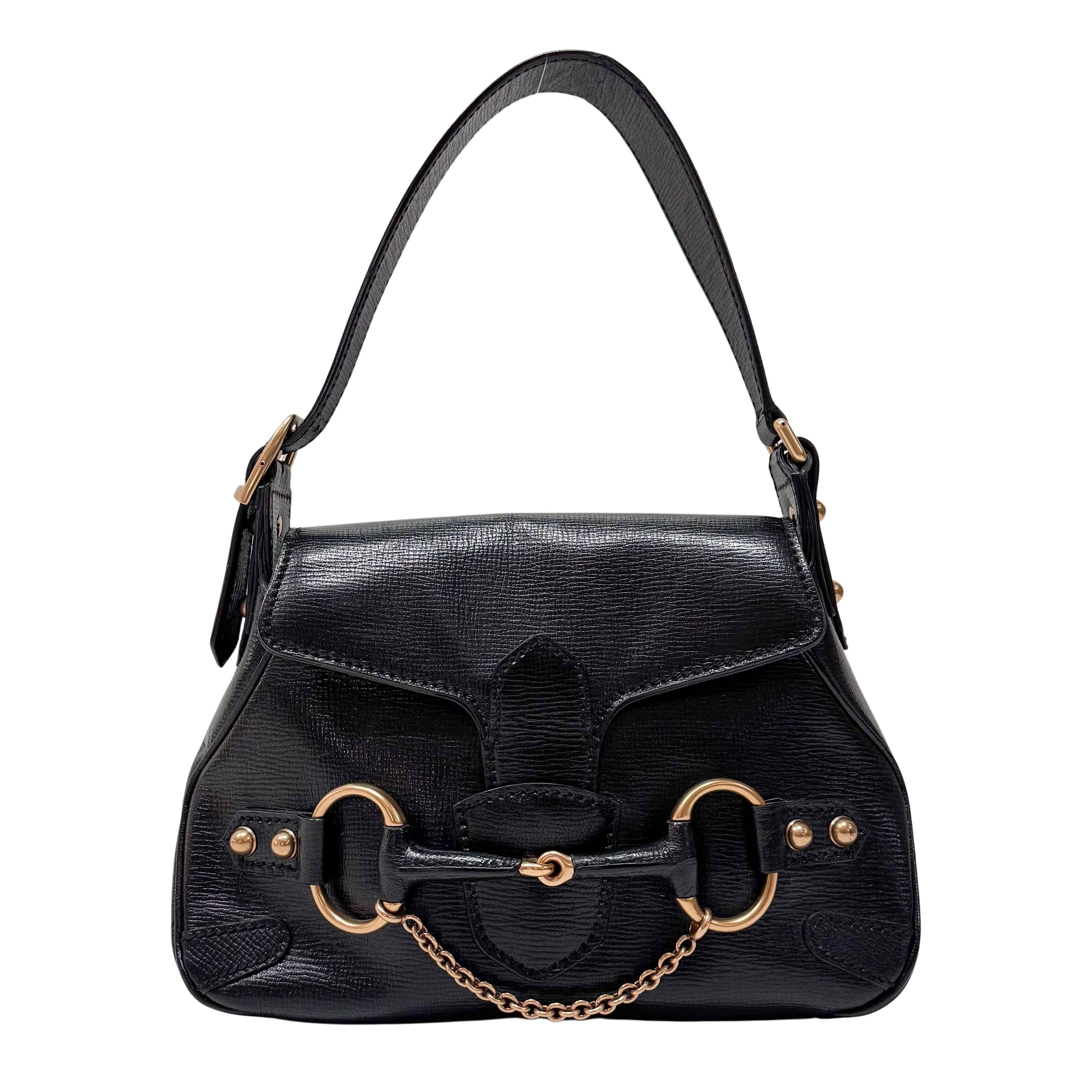 Horsebit Black Leather Shoulder Bag