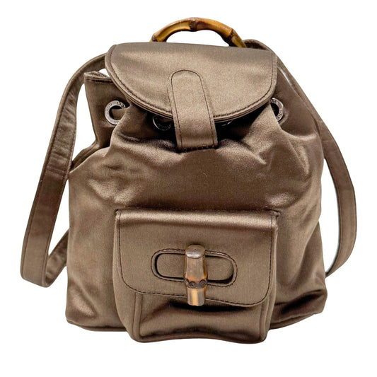 Mini Brown Satin Bamboo Turn-Lock Backpack