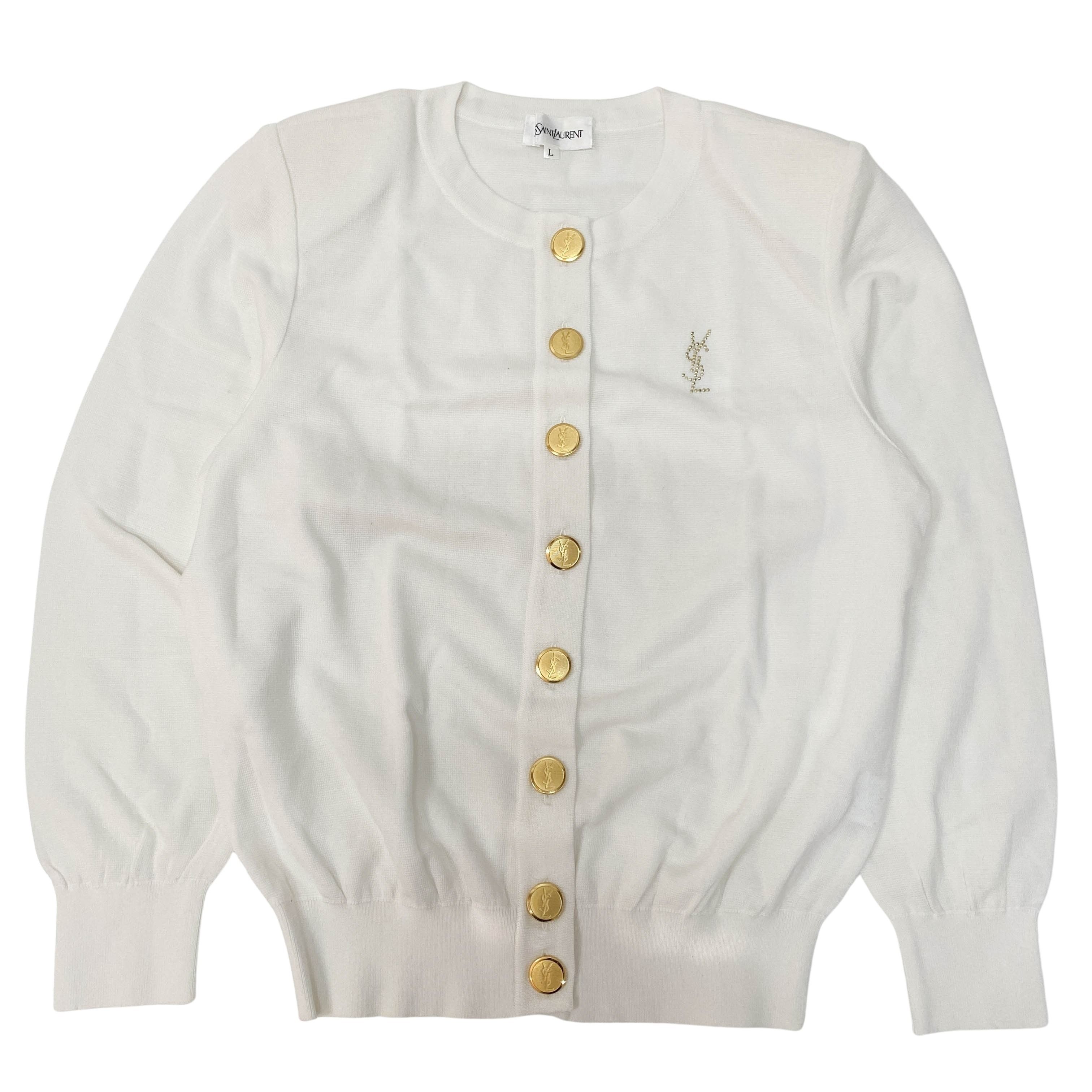YSL Logo Size L White Cotton Cardigan