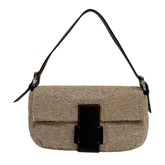 Baguette Beige Beaded Shoulder Bag