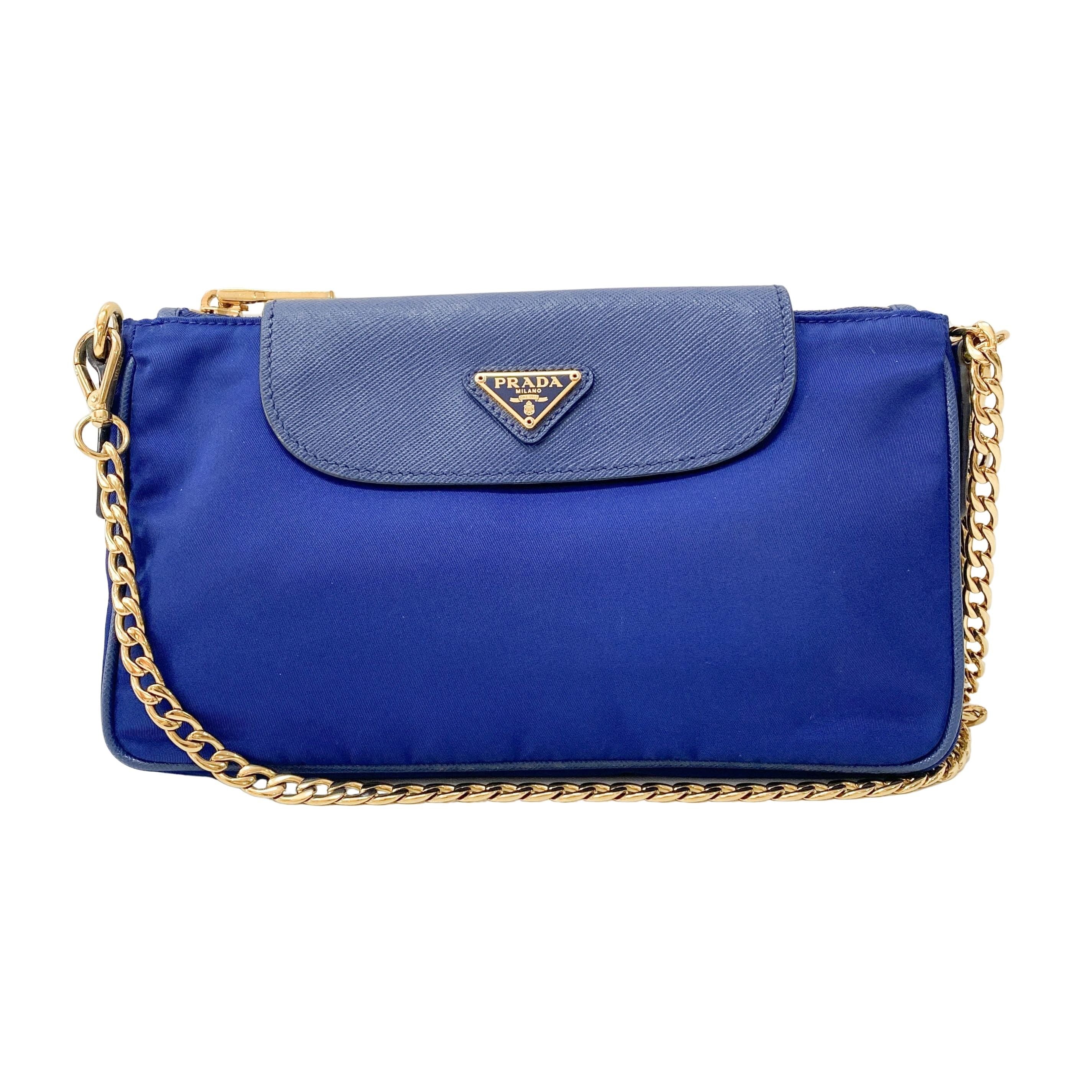 Gold Chain Blue Nylon Shoulder bag
