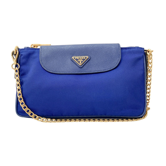 Gold Chain Blue Nylon Shoulder bag