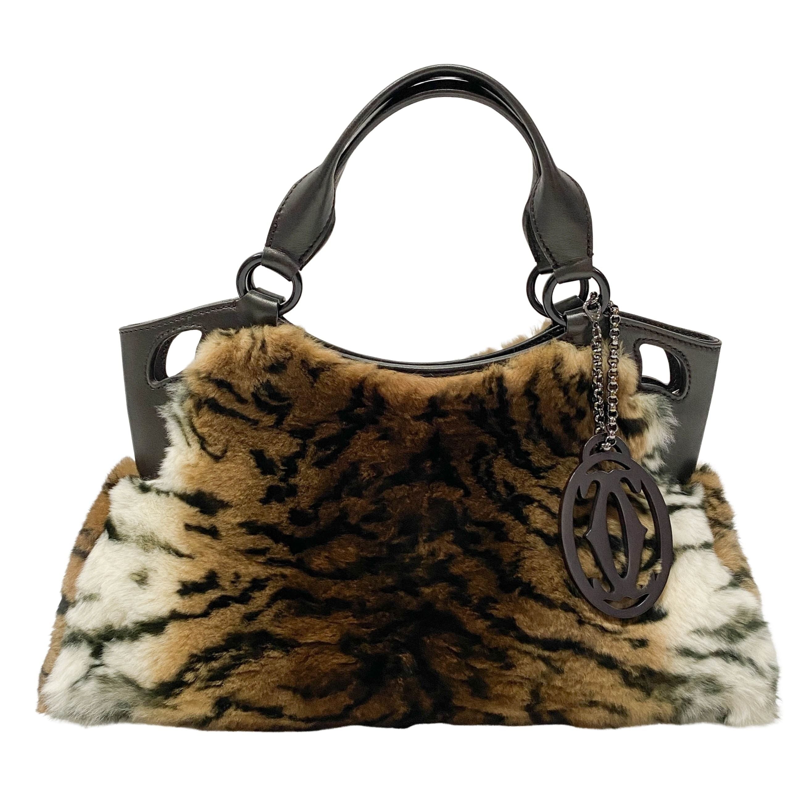 Brown/White Tiger Print Rabbit Fur Hand Bag