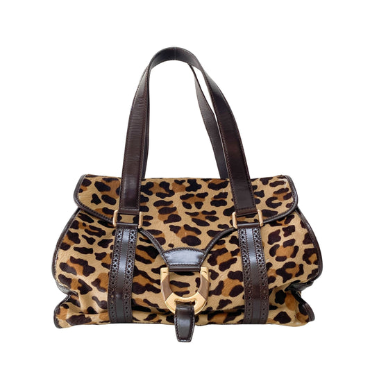 Leopard Print Brown Pony Hair Shoulder Bag