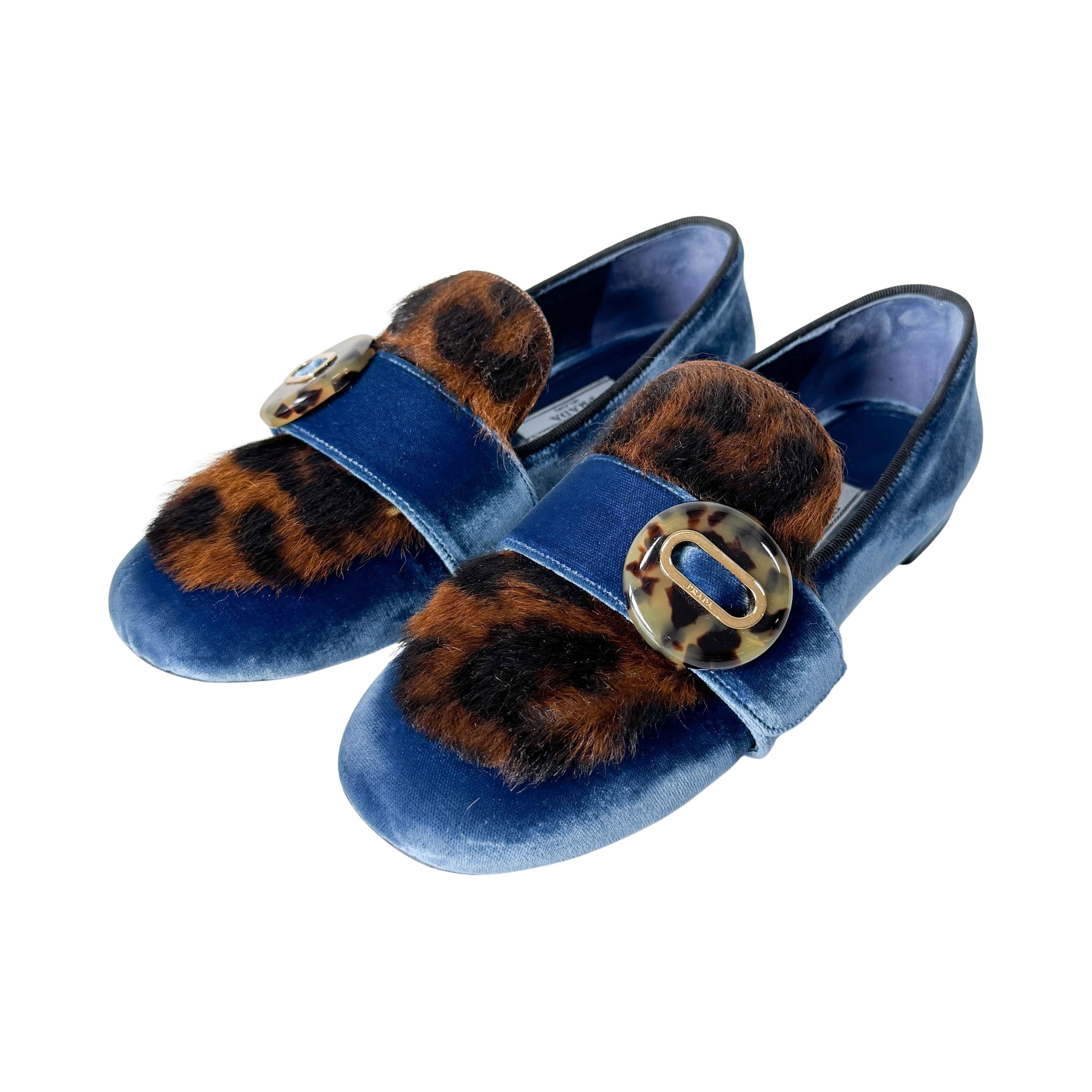 Size 36 1/2 EU Leopard Print Blue Velvet Loafers