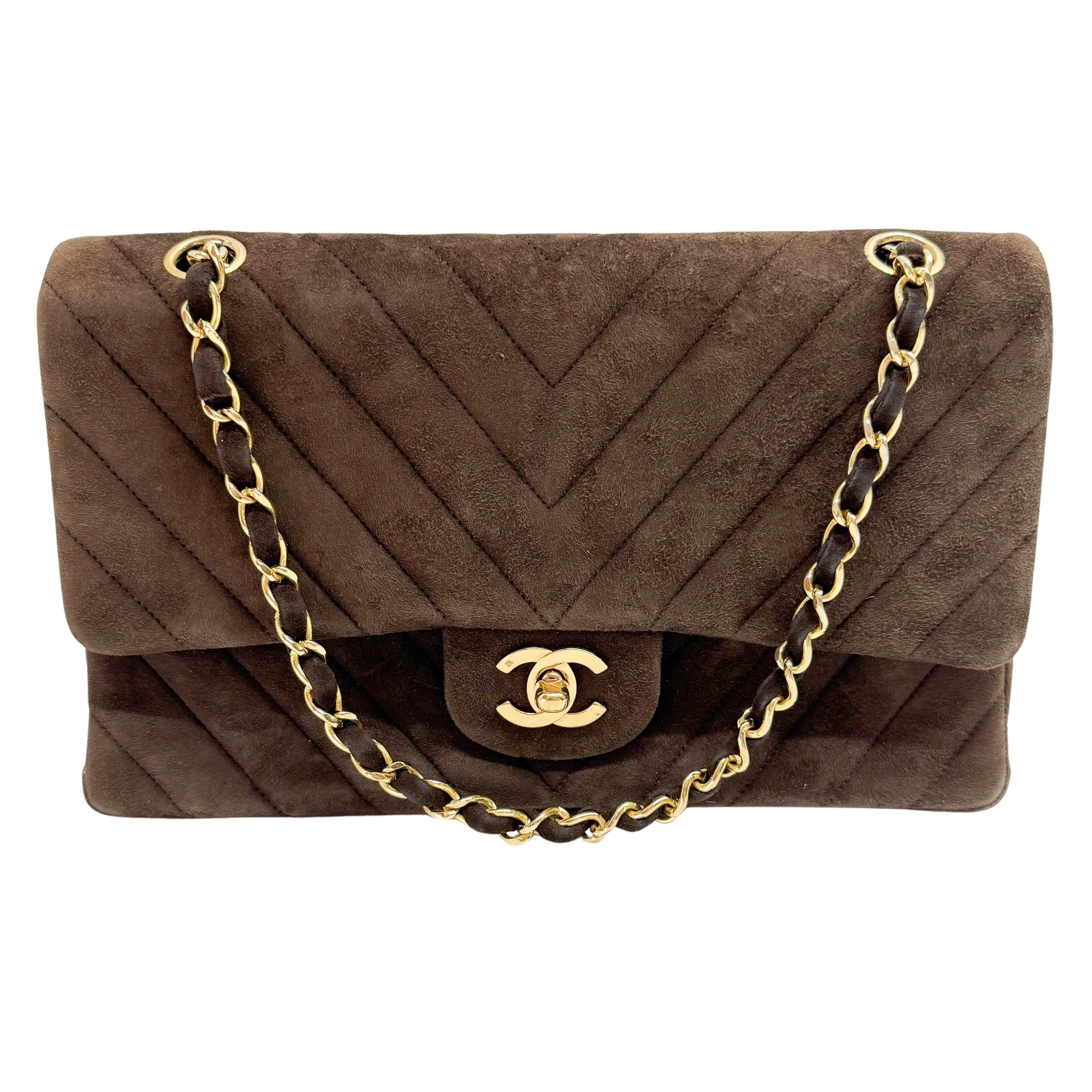 Double Flap Brown V Stitch Suede Double Chain Shoulder Bag
