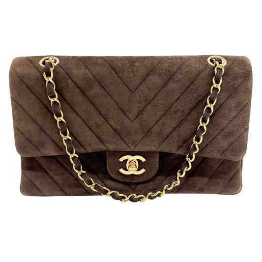 Double Flap Brown V Stitch Suede Double Chain Shoulder Bag