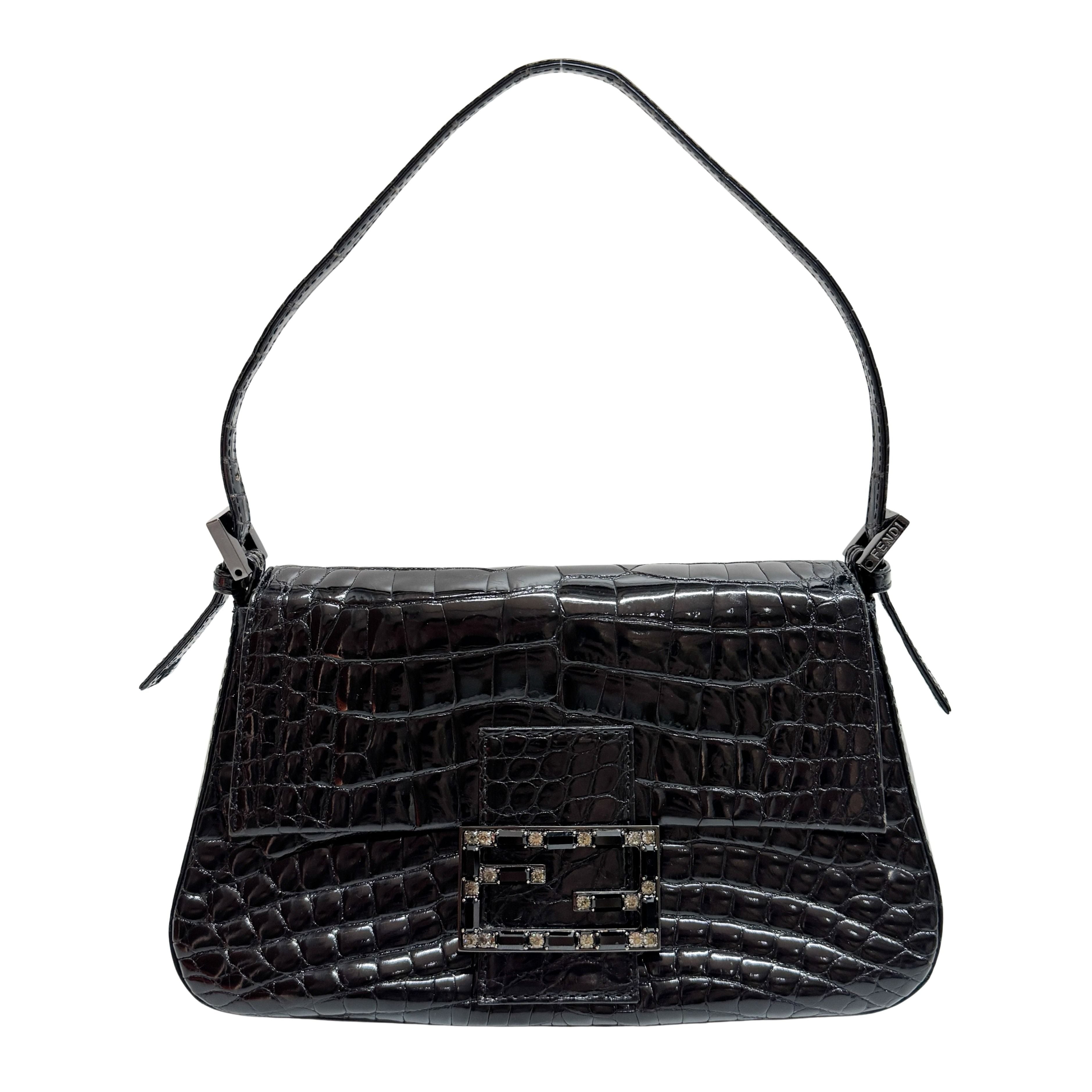 Mini Mamma Baguette Black Crocodile Embossed Shoulder Bag