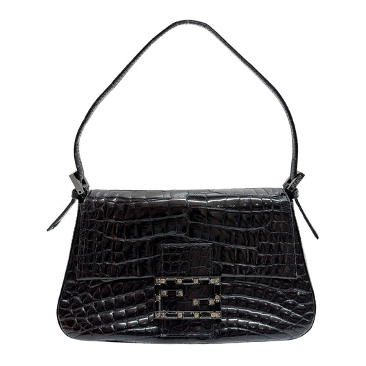 Mini Mamma Baguette Black Crocodile Embossed Shoulder Bag