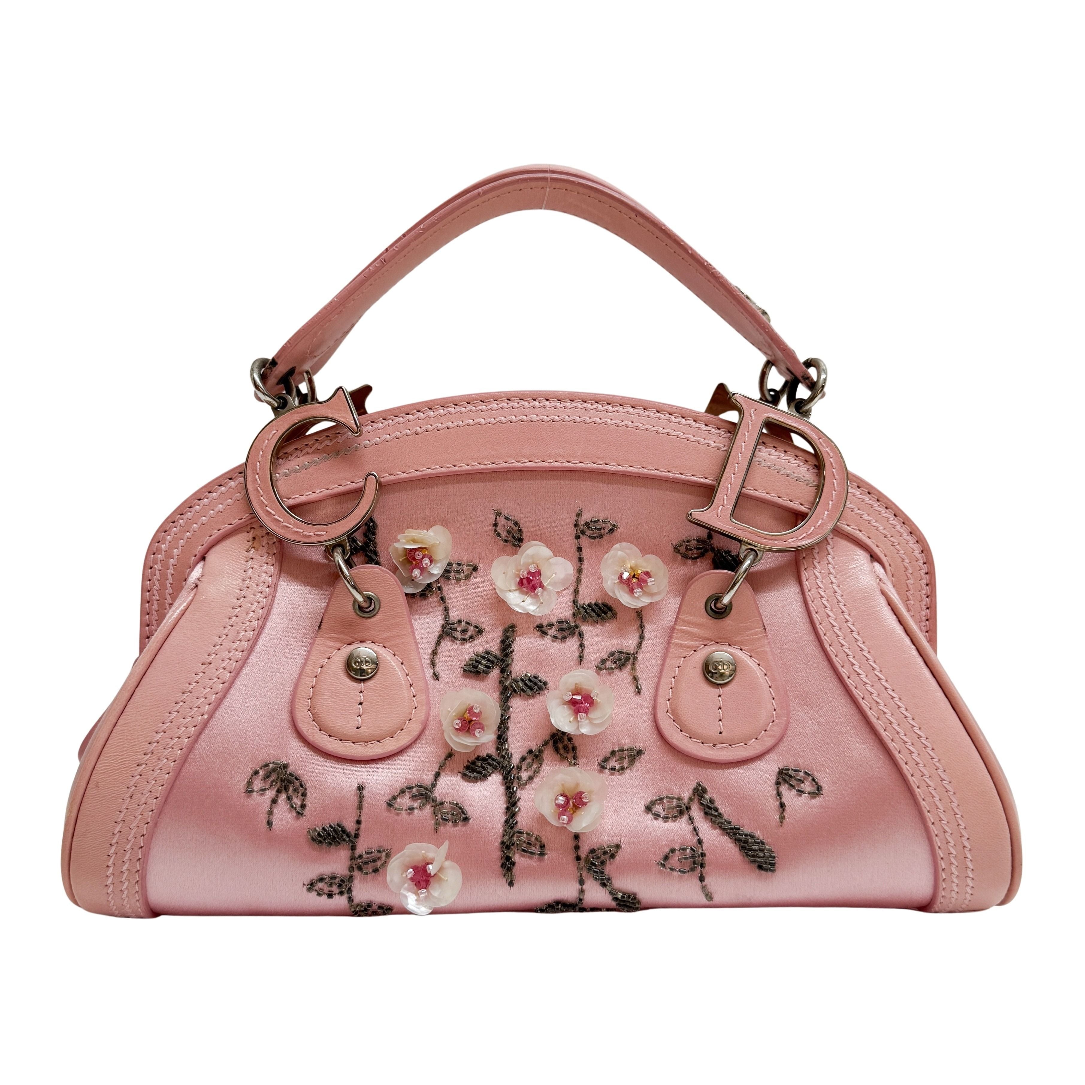 Vintage Pink Embroidered Beaded Satin Hand Bag