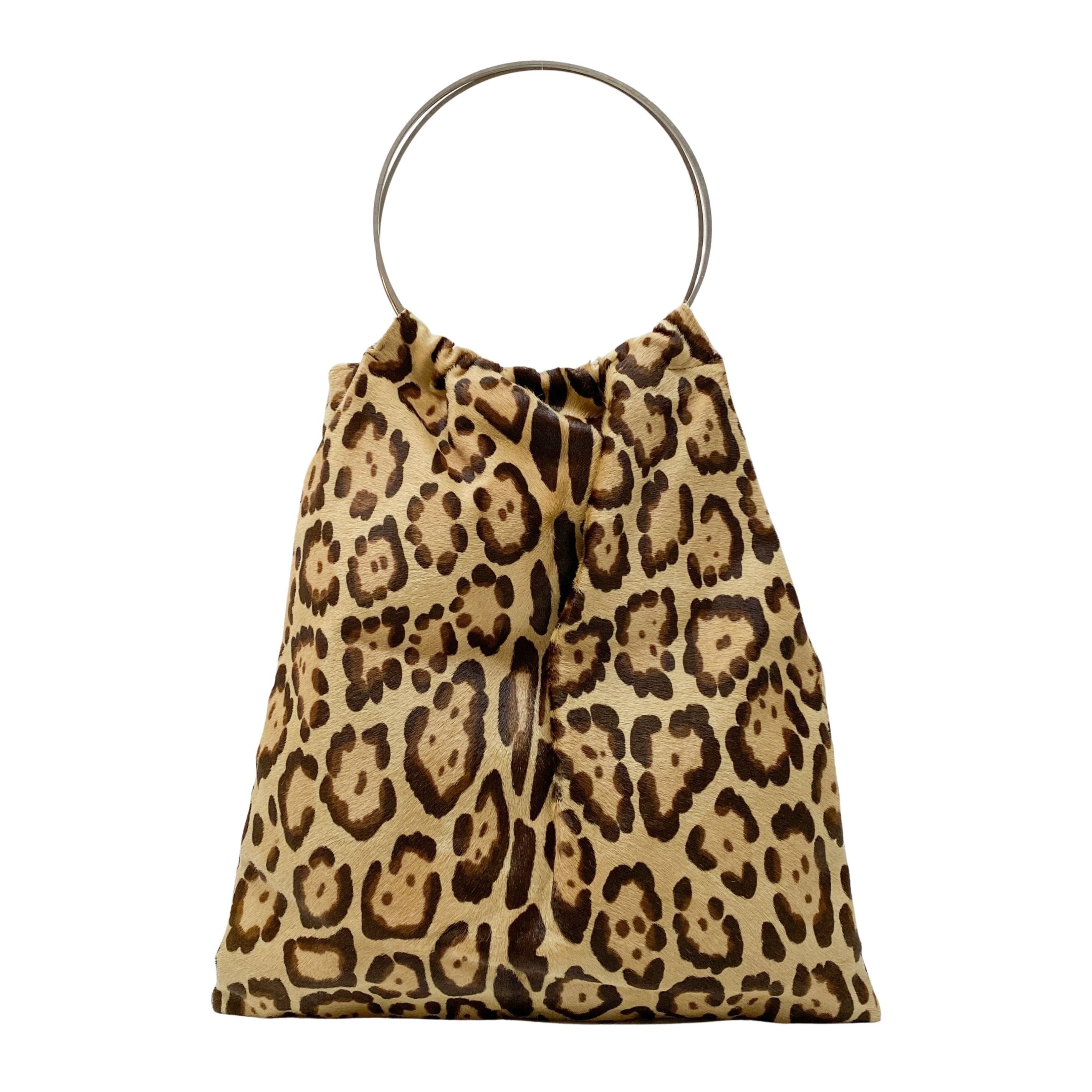 Brown Leopard Print Pony Hair Ring Handle Tote Bag