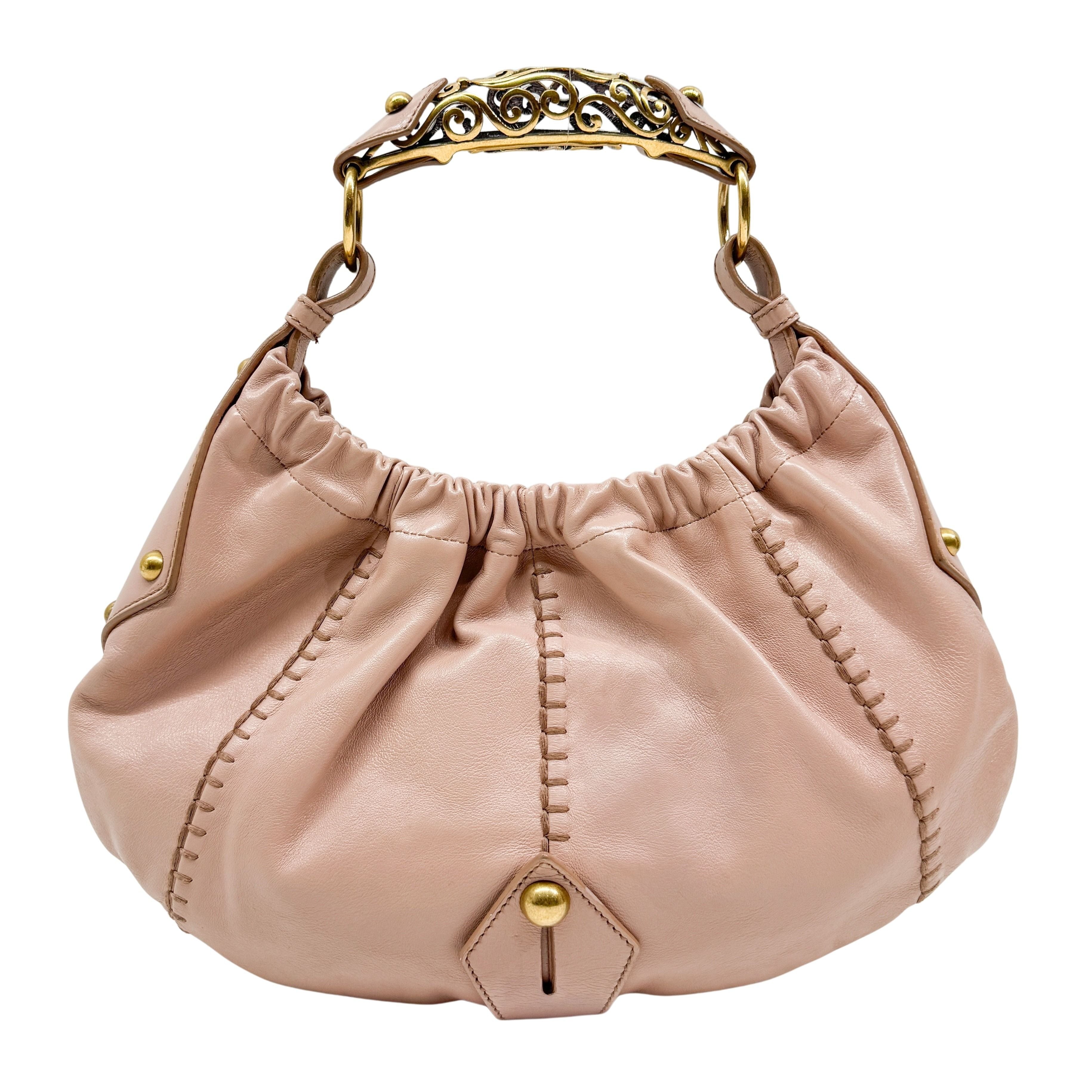 Vintage Pink Leather Shoulder Bag with Baroque Metal Handle