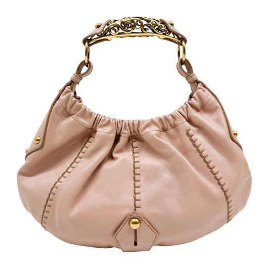 Vintage Pink Leather Shoulder Bag with Baroque Metal Handle