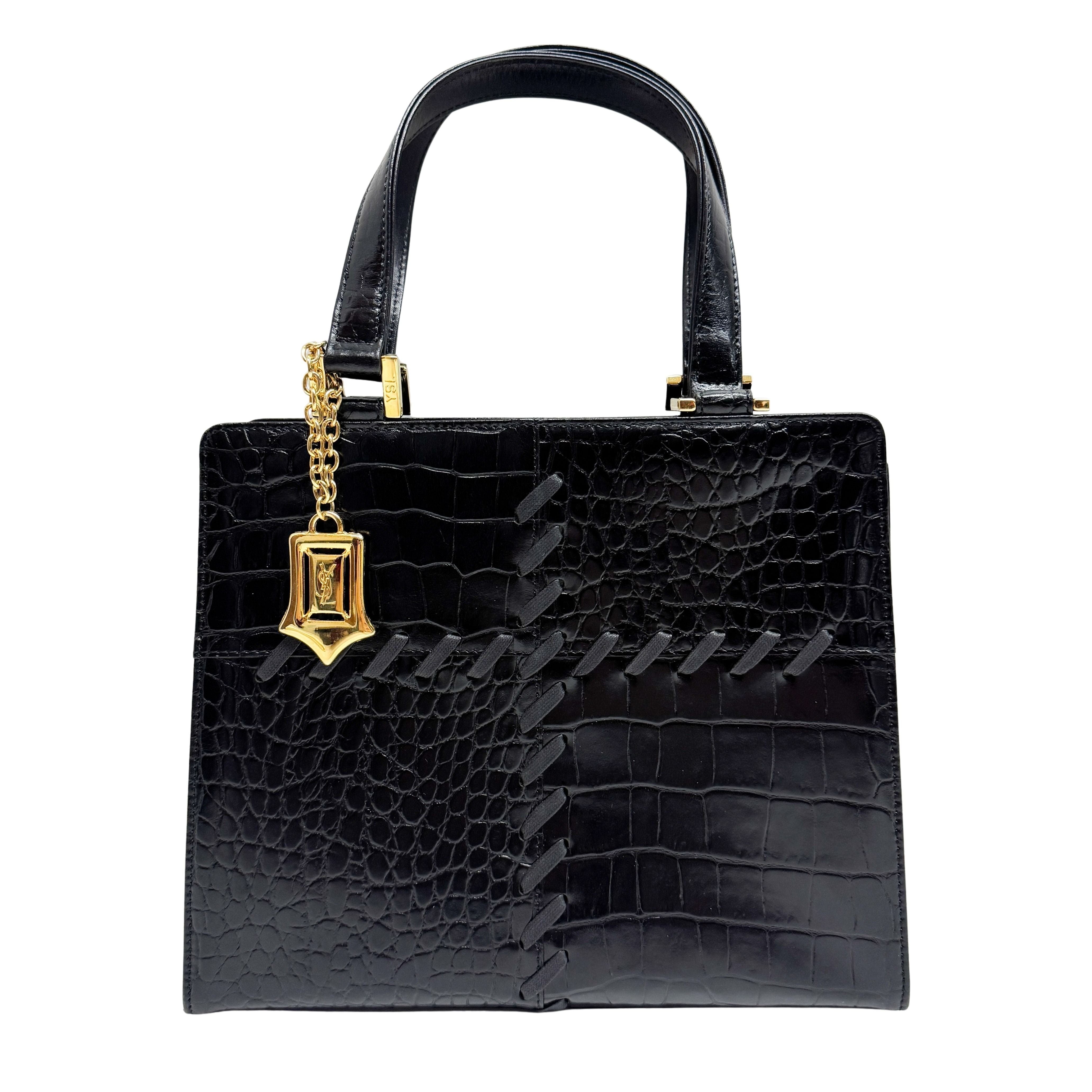 Black Croc Embossed Leather Handbag