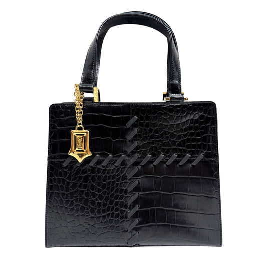 Black Croc Embossed Leather Handbag