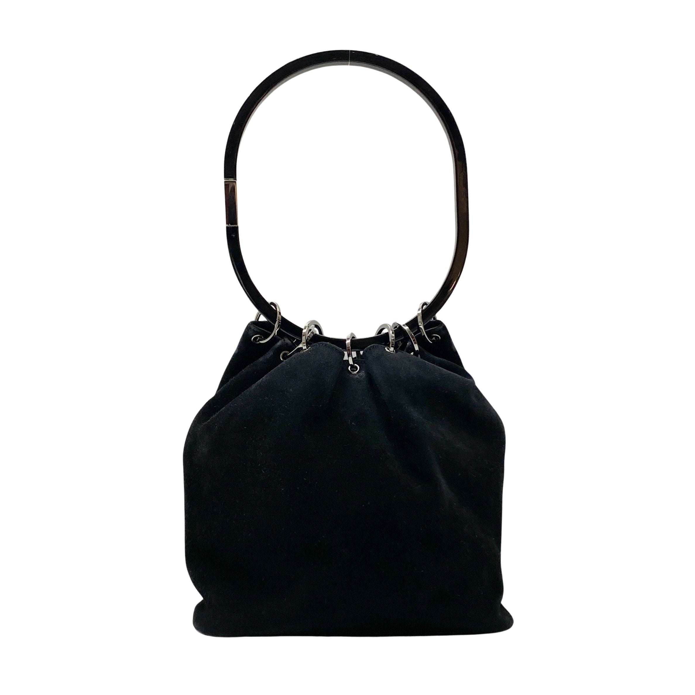 Metal Handle Black Suede Shoulder Bag
