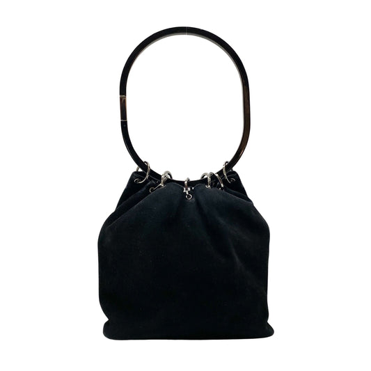 Metal Handle Black Suede Shoulder Bag