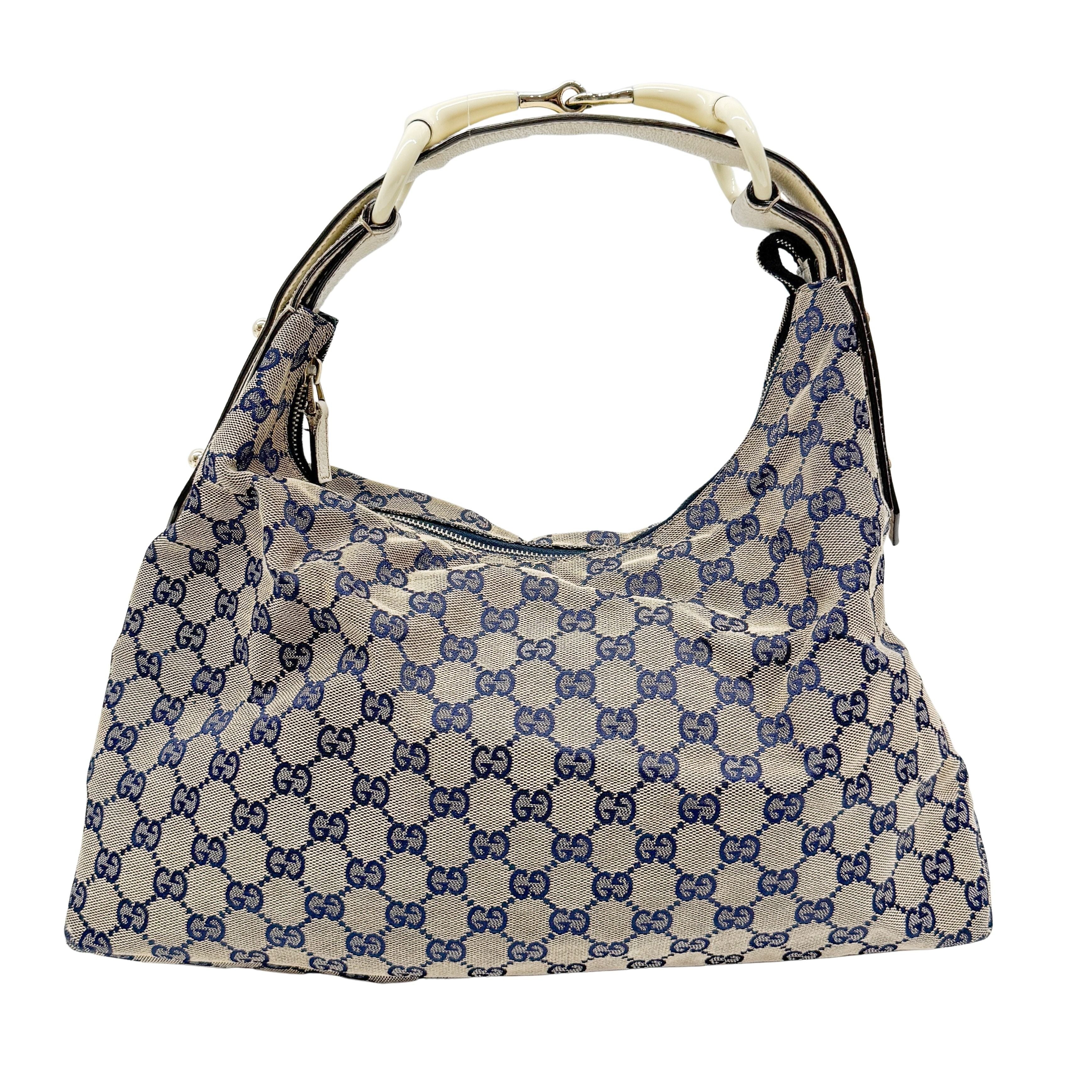 Horsebit Beige Canvas Shoulder Bag