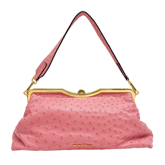 Pink Ostrich Leather Clutch Shoulder Bag