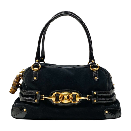 Horsebit Black Suede Boston Bag