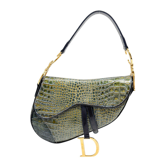 Saddle Olive-Brown Crocodile Embossed Leather Shoulder Bag