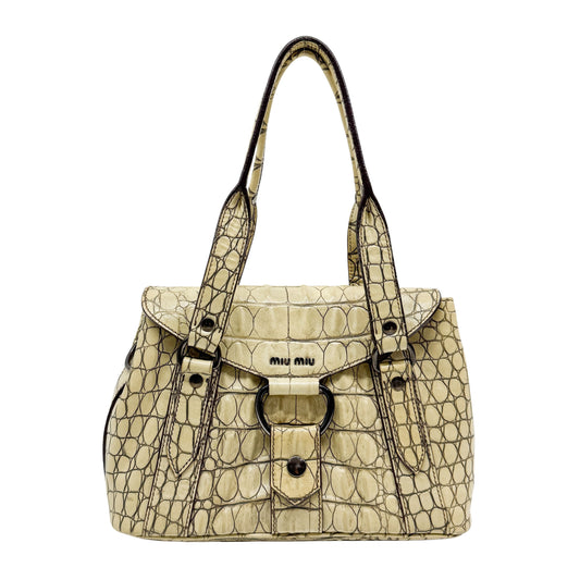 Vintage Beige Croc Embossed Leather Shoulder Bag