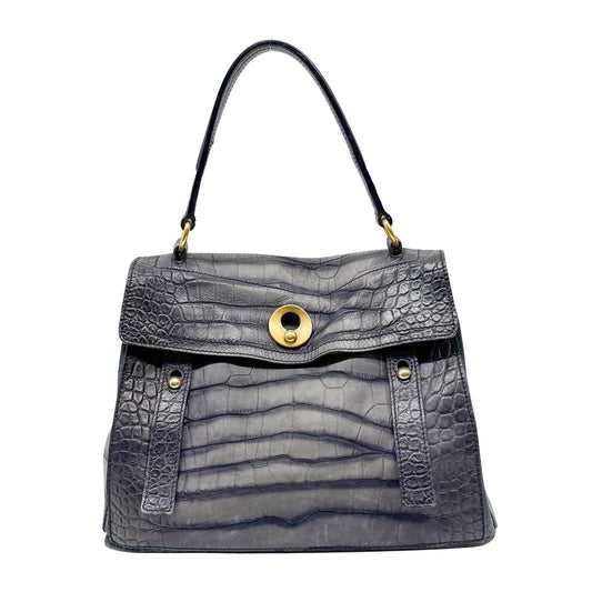 Vintage Grey Croc Embossed Leather Shoulder Bag