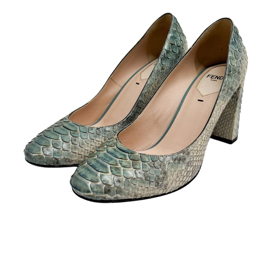 Size 36  Blue & White Python Embossed Leather Heels