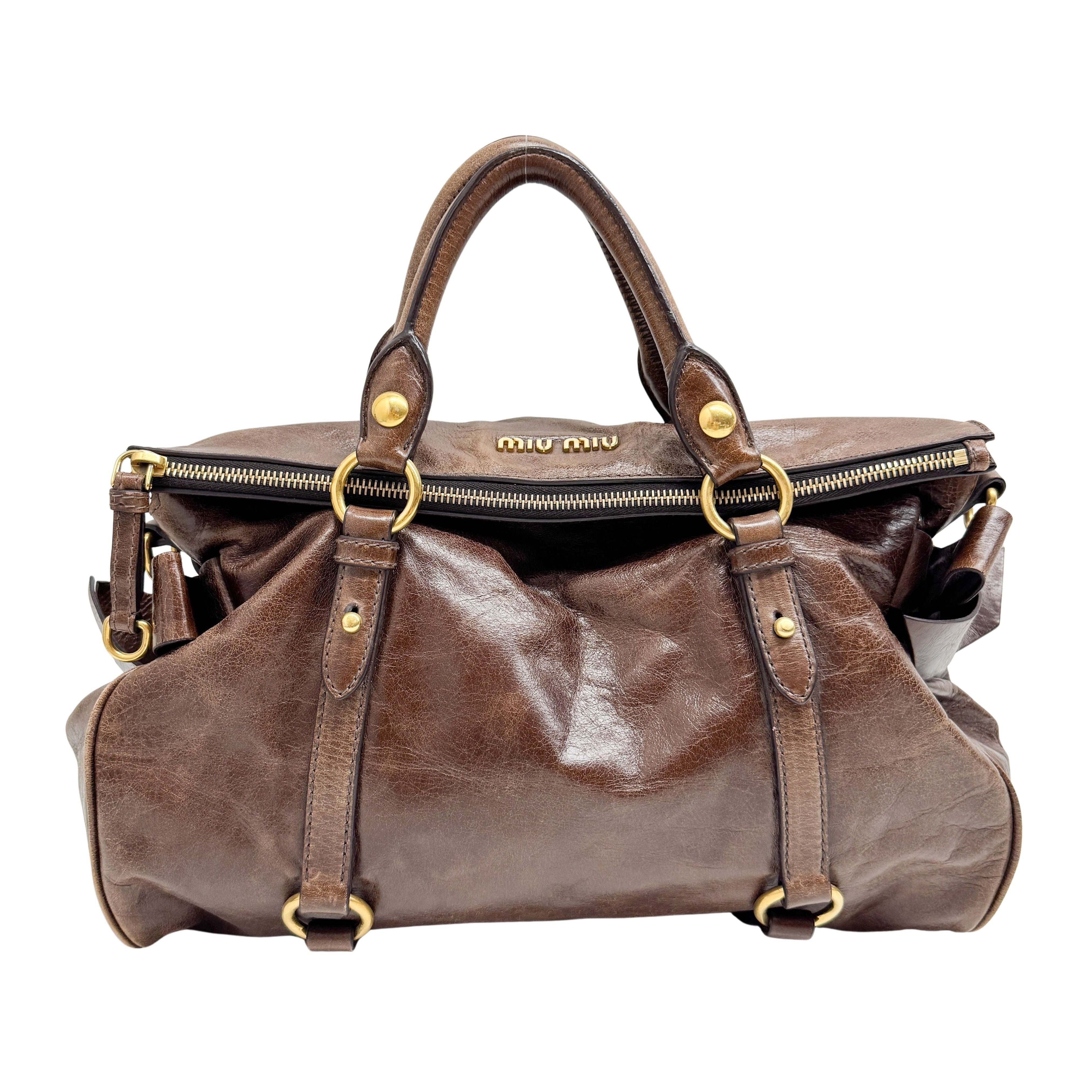 Vitello Lux Bow Brown Calfskin Leather Hand Bag