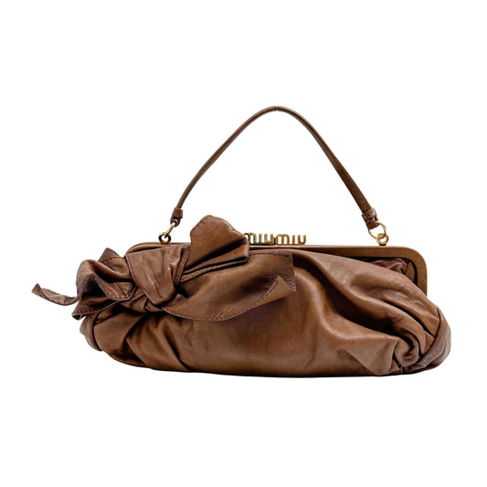 Bow Brown Leather Clutch/Hand Bag