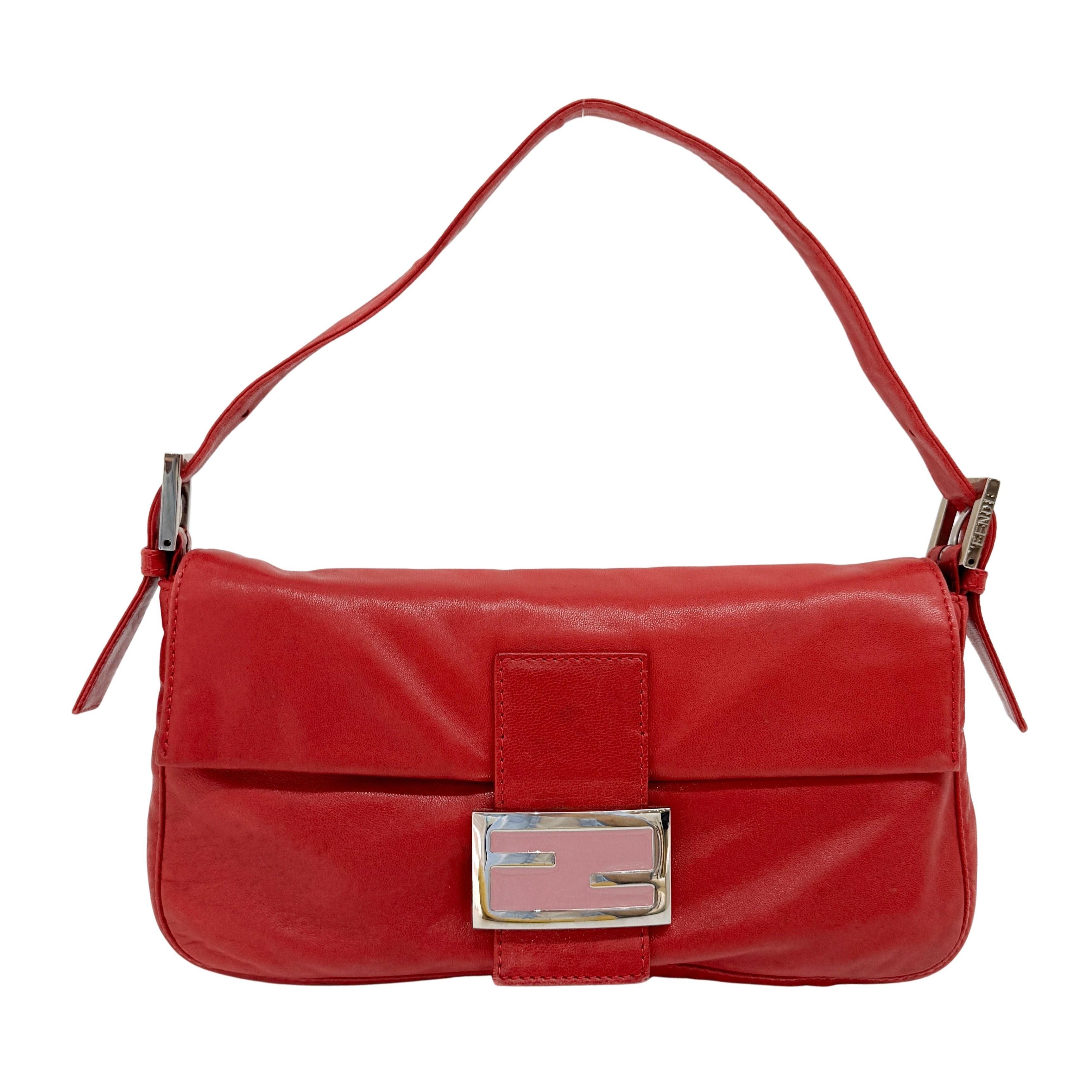 Baguette Red Lambskin Leather Shoulder Bag