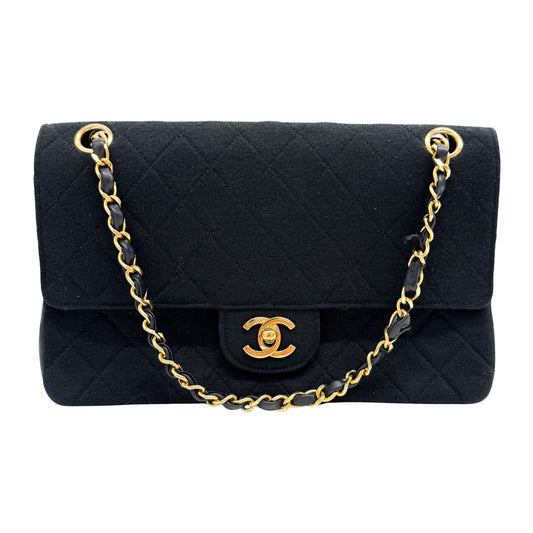 Timeless Double Flap Black Cotton Shoulder Bag