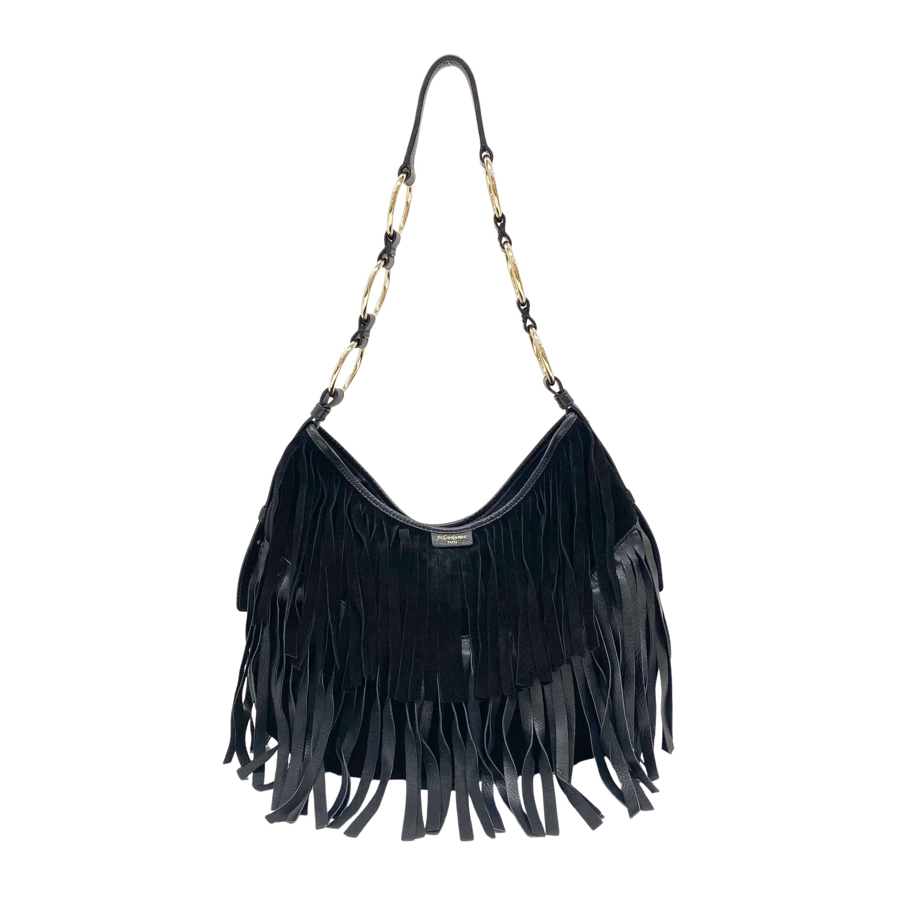 Fringe Black Suede Hobo Bag