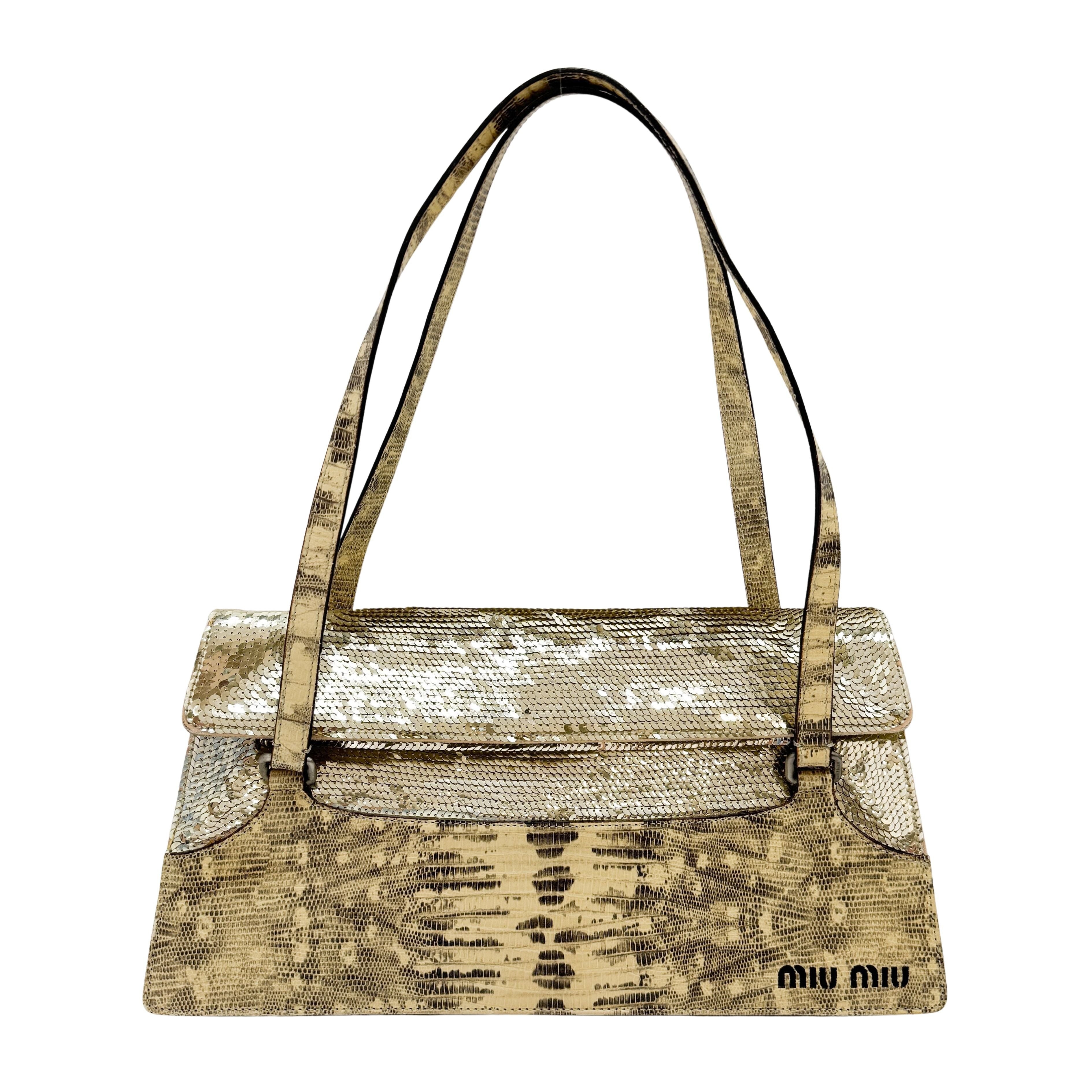 Gold Sequin Yellow Python Embossed Leather Shoulder Bag