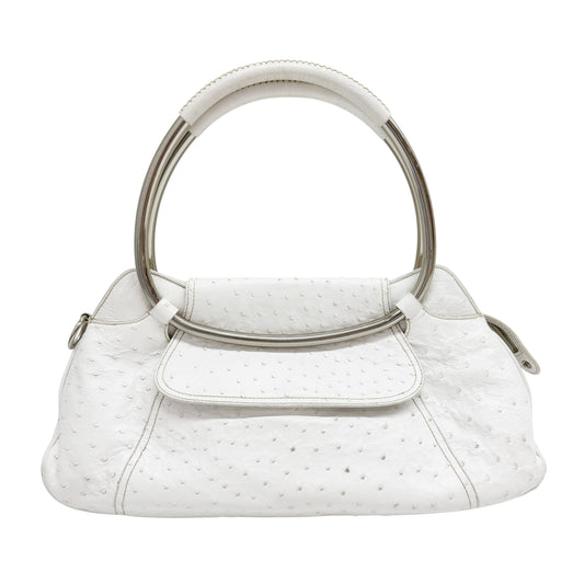 White Ostrich Embossed Leather Shoulder Bag