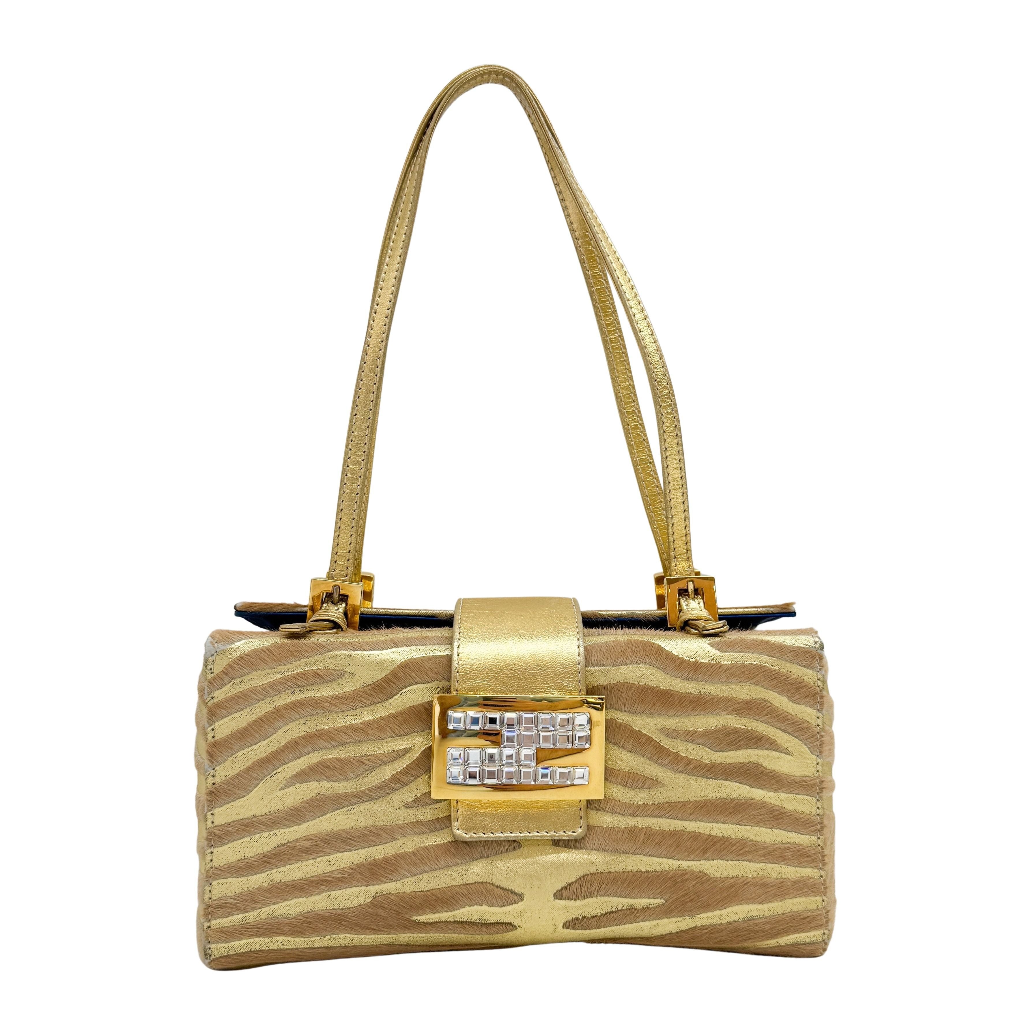 Mamma Baguette Gold Zebra Striped Pink Pony Hair Box Bag