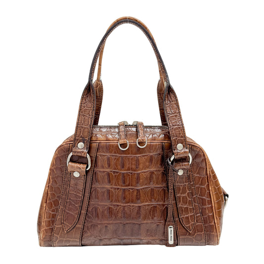 Vintage Brown Crocodile Embossed Leather Shoulder Bag