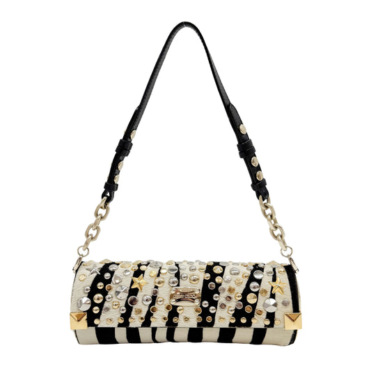 Vintage Black and White Studded Zebra Print Shoulder Bag