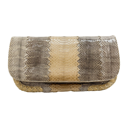 Brown Python Embossed Leather Clutch Bag