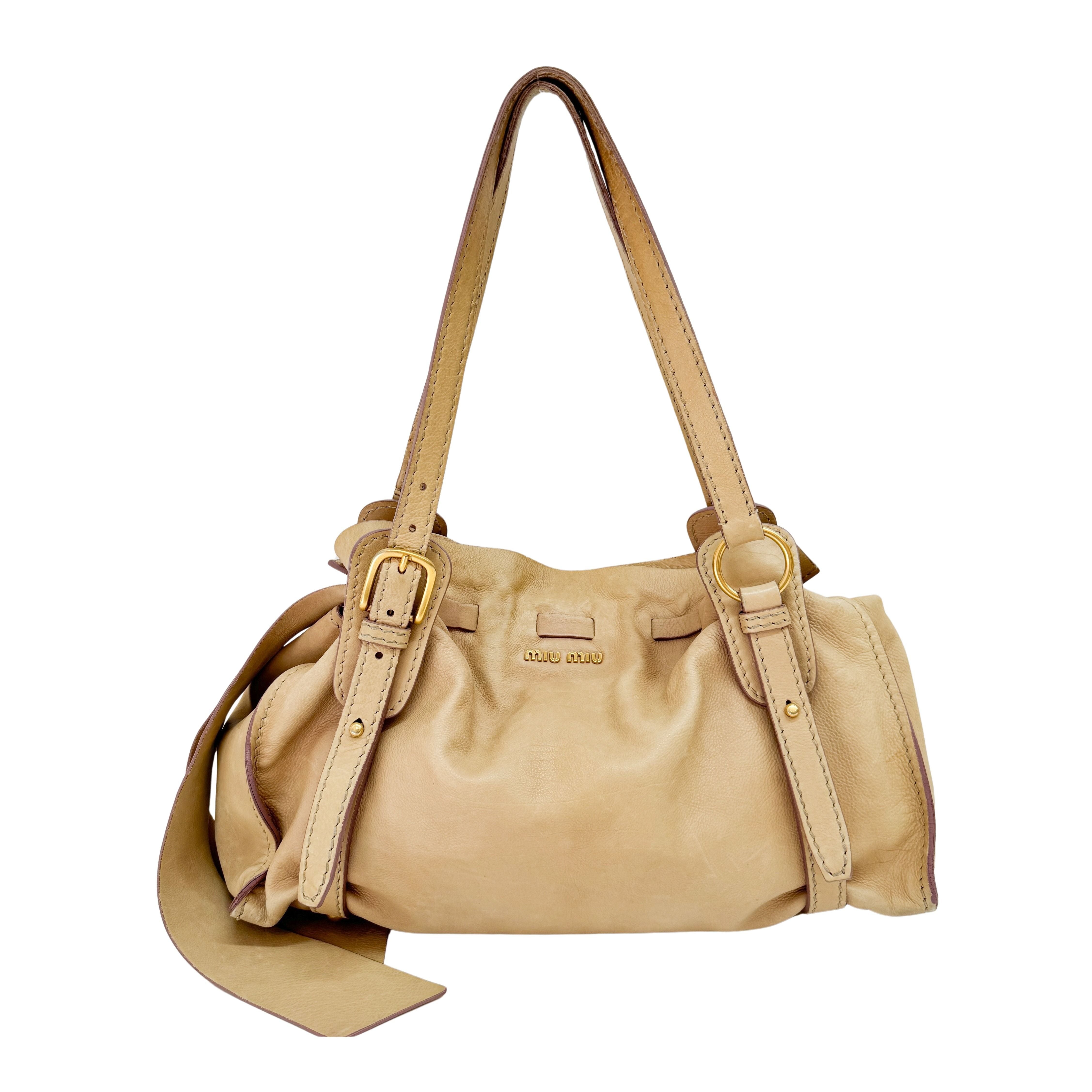 Vitello Lux Bow Bag Beige Calfskin Leather Shoulder Bag