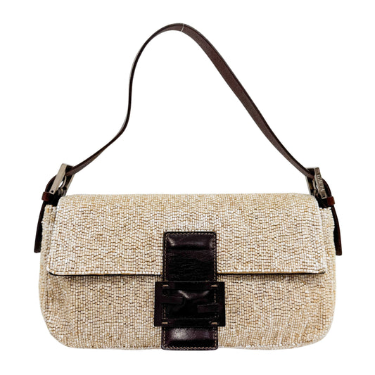 Baguette Beige Beaded Shoulder Bag