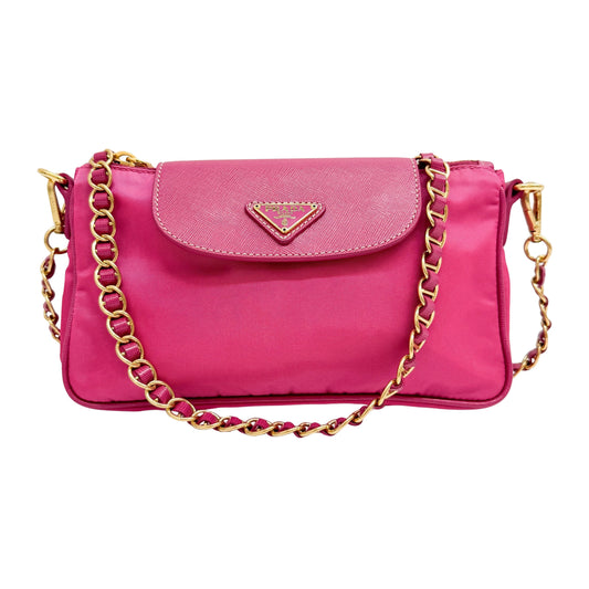 Gold Chain Pink Nylon Shoulder Bag