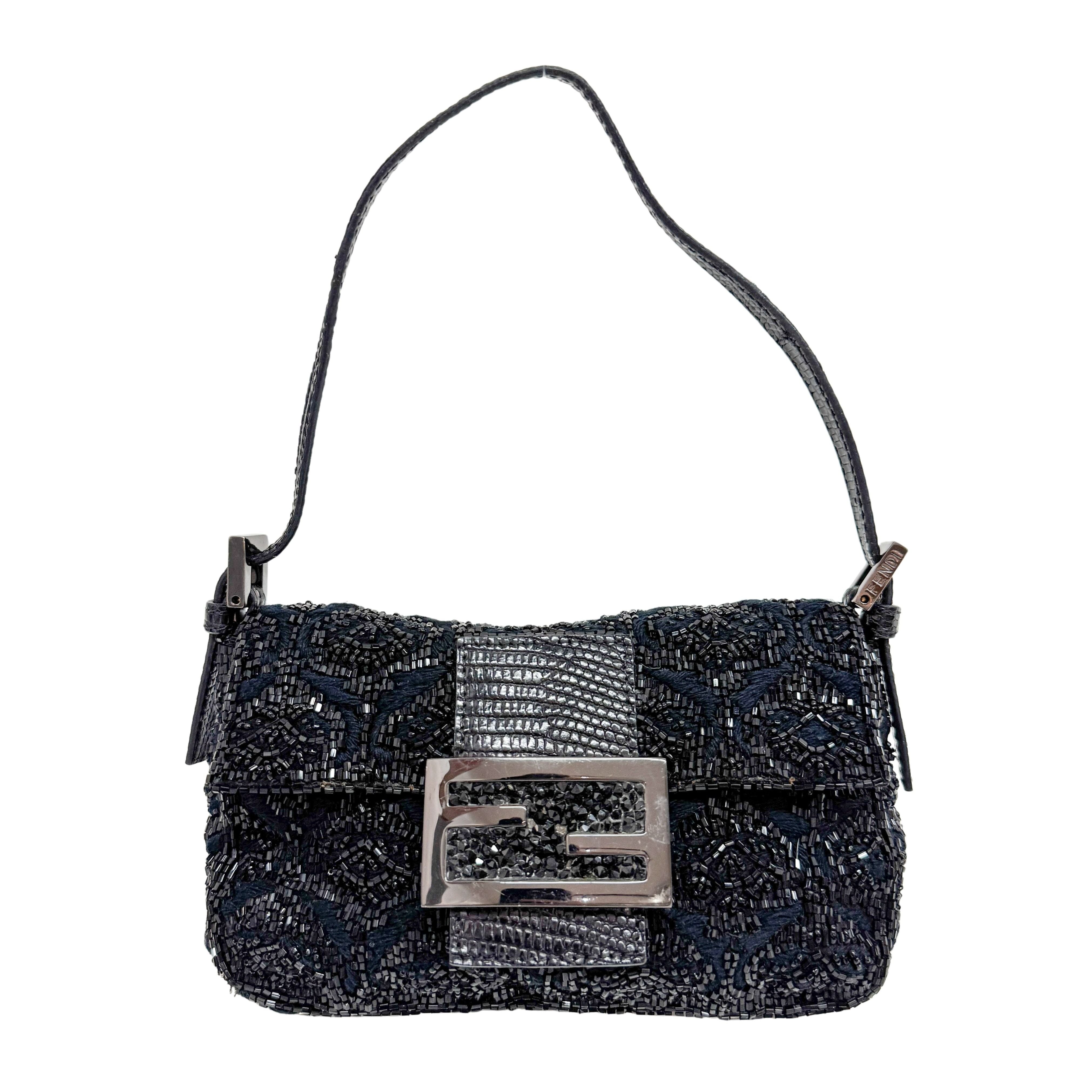 Mini Baguette Rhinestone Hardware Black Beaded Shoulder Bag