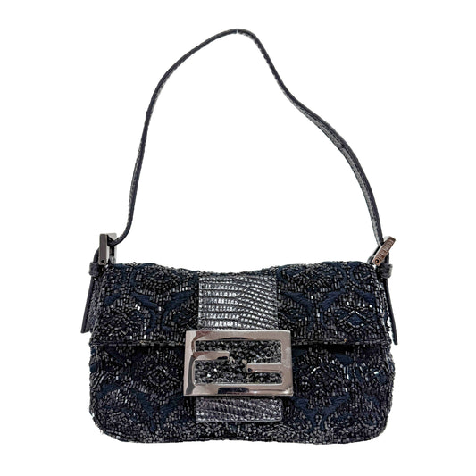 Mini Baguette Rhinestone Hardware Black Beaded Shoulder Bag