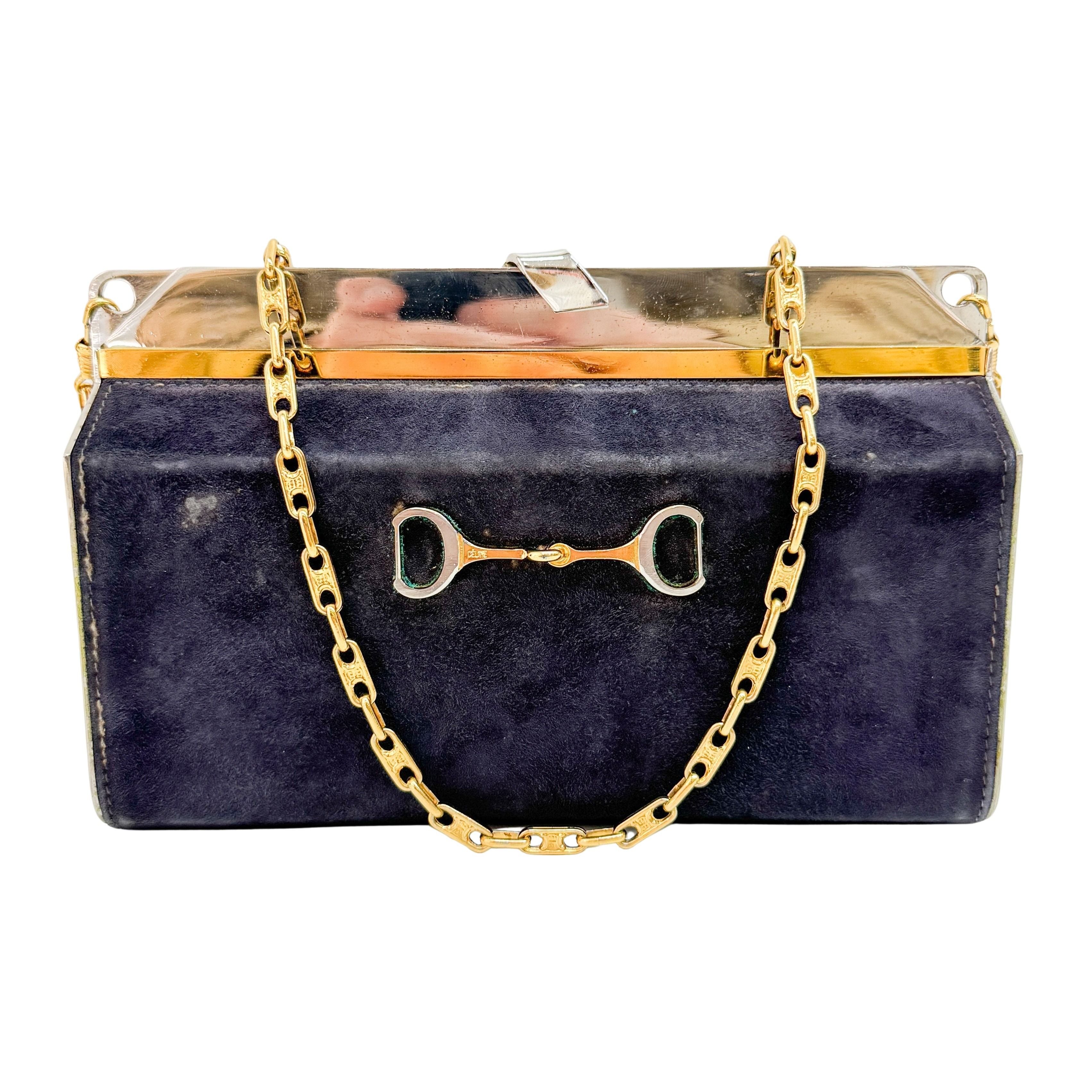 Gold Chain Navy Blue Suede Shoulder Bag
