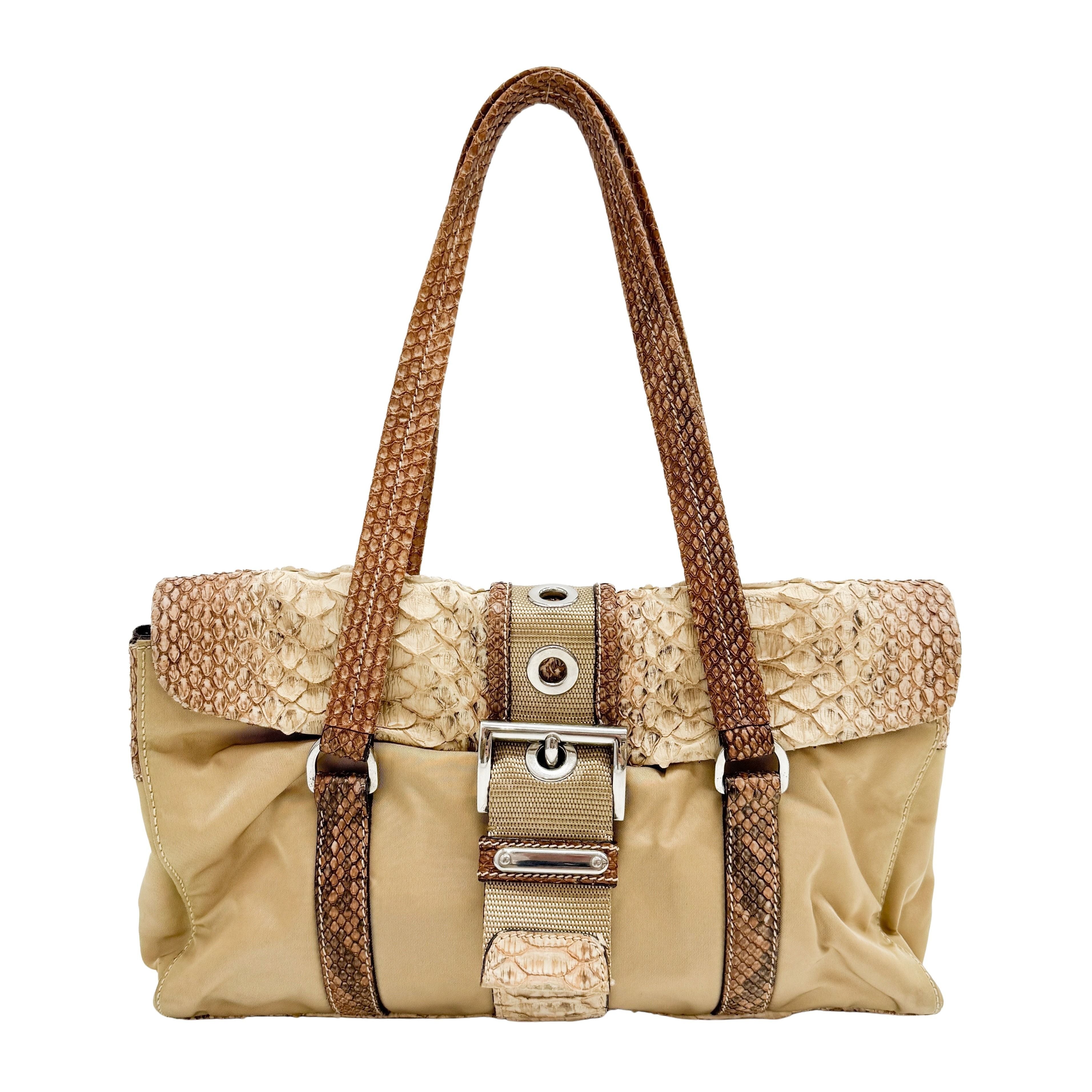 Python Embossed Beige Nylon Shoulder Bag